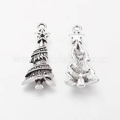 合金のチベット風チャーム  鉛フリー＆カドミウムフリー  クリスマスツリー  アンティークシルバー  30x14x5mm  穴：2mm&nbsp;TIBEP-GC118-AS-RS