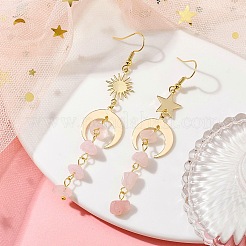 ムーン＆サン＆スター ブラス アシンメトリー イヤリング  天然ローズクォーツチップタッセルイヤリング  76~85x18mm&nbsp;EJEW-JE05461-02