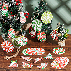 クリスマスの木製ペンダント飾りと紙製の旗バナー  麻縄吊り下げ飾り  ミックスカラー  53~90x57~107mm  12個/セット  1セット&nbsp;AJEW-NB0006-09