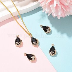 クリアガラスペンダント  DIYのジュエリーには  真鍮パーツ  多面カット  花と涙  ライトゴールド  ブラック  16x9x6mm  穴：1.2mm&nbsp;GLAA-FZ0001-02C