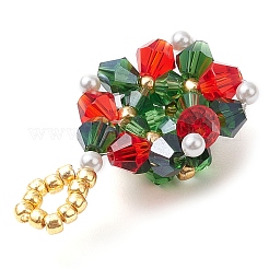 クリスマスガラスペンダント  シードビーズとプラスチックパール付き  クリスマスリース  グリーン  38x24.5x10mm  穴：5mm&nbsp;PALLOY-JF03010-01
