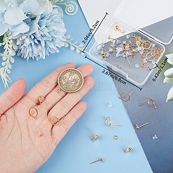 30個3スタイルのリングとフラットラウンドとラウンド真鍮スタッドピアス金具  カン付き  30個のプラスチック製イヤーナット  30 個真鍮オープン丸カン  18KGP本金メッキ  9~13x6~13mm  穴：1.2~1.8mm  ピン：0.7~0.8mm  10個/スタイル&nbsp;DIY-CN0002-90