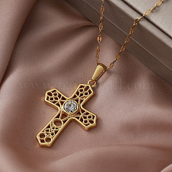 Vintage 304 Stainless Steel Pave Clear Cubic Zirconia Religion Filigree Cross Pendant Necklaces&nbsp;NA2735