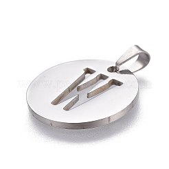 変色しない201ステンレススチールペンダント  アルファベット付きフラットラウンド  ステンレス鋼色  文字W  20x1.3mm  穴：4x3mm&nbsp;STAS-L221-33W