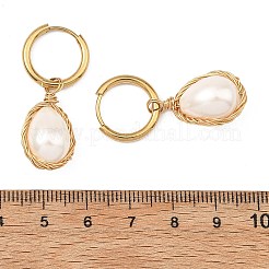 女性用電気メッキシェルパールフープドロップピアス  304ステンレススチールのフープピアス付き  ティアドロップ  ゴールドカラー  31.5~36.5x9.5~14.5mm  3のペア/セット&nbsp;EJEW-JE07266