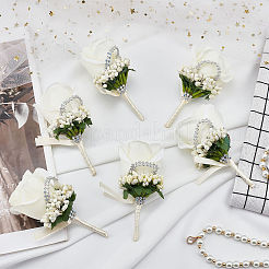 Cloth Rose Flower Boutonniere Brooch with Rhinestone&nbsp;AJEW-WH0258-294C