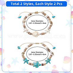 4Pcs 2 Colors Ocean Theme Starfish Turtle Synthetic Turquoise & Coconut Braided Bead Bracelet Sets&nbsp;BJEW-PA0001-03