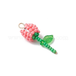 グレードA 丸型ガラスシードビーズ アクリルフラワーチャーム  304ステンレス鋼フラットヘッドピン  ピンク  28.5x13x10mm  穴：3mm&nbsp;PALLOY-MZ00690-03