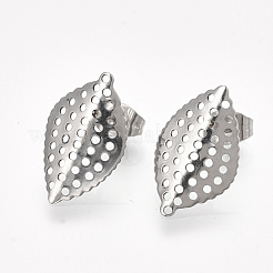 変色しない304ステンレススチールスタッドピアス金具  ピアスキャッチとカン付き  葉  ステンレス鋼色  18x11mm  穴：0.9mm  ピン：0.7mm&nbsp;STAS-S079-65B