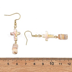 天然淡水貝のダングルイヤリング  クロス  女性用304ステンレススチールダングルイヤリング  ゴールドカラー  51x12mm&nbsp;EJEW-JE07509