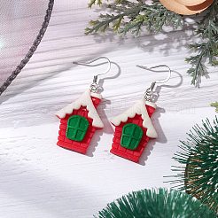 クリスマス 樹脂 ダングル イヤリング  304ステンレススチールピアスフック付き  ハウス  レッド  ステンレス鋼色  49x21.5mm&nbsp;EJEW-JE06088