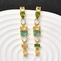 長方形の真鍮製マイクロパヴェキュービックジルコニアダングルスタッドピアス  カドミウムフリー＆鉛フリー  ラックめっき  長持ちメッキ  18KGP本金メッキ  グリーン  51.5x8mm&nbsp;EJEW-Z153-01G-01