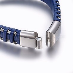 レザー編み込みコードブレスレット  304ステンレススチール製マグネット留め具  長方形  ステンレス鋼色  マリンブルー  8-5/8インチ（22cm）  12x6mm&nbsp;BJEW-E345-15A