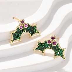 真鍮製マイクロパヴェキュービックジルコニアスタッドピアス  エナメルとパレット付き  ラックめっき  長持ちメッキ  鉛フリー＆カドミウムフリー  ヒイラギの葉  18KGP本金メッキ  10x16mm&nbsp;EJEW-Q015-08G