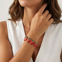 304ステンレススチール製エナメル加工の赤いイチゴ柄オープンカフバングル（女性用）  ゴールドカラー  内径：2.40インチ（6.1cm）&nbsp;WG62D08-01