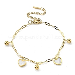304ステンレススチールブレスレット  シェルと  ゴールド  ハート  6-7/8インチ（17.5cm）&nbsp;BJEW-R003-03G-03