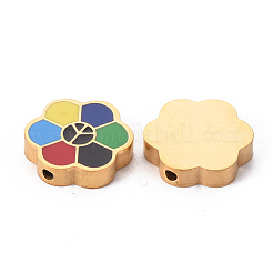 304ステンレススチールエナメルビーズ  平和な兆候と花  カラフル  ゴールドカラー  15x14x3.5mm  穴：1.6mm&nbsp;STAS-T052-14G