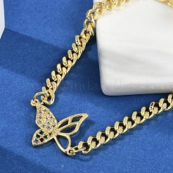 真鍮製マイクロパヴェキュービックジルコニアコネクターブレスレット  女性用キューバチェーンジュエリー  蝶  18KGP本金メッキ  7-3/8インチ（18.7cm）  ペンダント：30x20x4mm&nbsp;BJEW-M050-04G-02