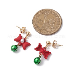 リボン結びの合金とアクリルと真鍮のベルスタッドダングルイヤリング  クリスマステーマ  ゴールドカラー  ゴールドカラー  25x14mm&nbsp;EJEW-JE06092