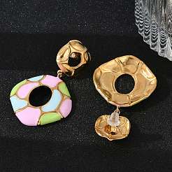 304ステンレススチールエナメルダングルスタッドピアス（女性用）  菱形  ゴールドカラー  ピンク  43x26.5mm&nbsp;EJEW-F353-01G-01