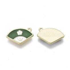 合金チャーム  エナメル  花の扇子  ライトゴールド  グリーン  10x15x1.5mm  穴：1.2mm&nbsp;PALLOY-S177-77B