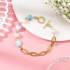天然の様々な宝石の塊とパールビーズをあしらったチェーンブレスレット。304ステンレススチール製のクロスリンクチェーンと留め具を使用。  ゴールドカラー  7.87インチ（20cm）&nbsp;BJEW-JB14436