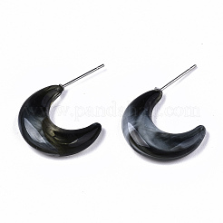 透明樹脂ハーフフープピアス  三日月スタッドピアス  天然石風  ステンレス鋼ピンと  ブラック  20x5.5mm  ピン：0.7mm&nbsp;EJEW-T012-02-B05