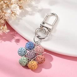 ワイヤーラップ天然溶岩石ペンダント装飾  合金回転式ナスカン付き  花  プラチナ  6.2cm&nbsp;KEYC-TA0026-02