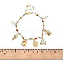 Bohemian Brass Glass Flat Round Link Chain Anklets&nbsp;LS-AJEW-Z046-09G