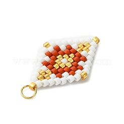 ビーズの菱形チャーム  織機模様のガラスシードビーズペンダント  レッド  23x15.5x1.7mm  穴：2.5mm&nbsp;PALLOY-MZ01345-01