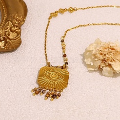 Boho 304 Stainless Steel Evil Eye Pendant Necklaces with Natural Map Stone Tassel for Women&nbsp;WGE9A35-01