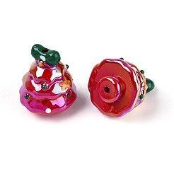 UVメッキ不透明アクリルビーズ  虹色の  ハートのクリスマスツリー  クリムゾン  34x27~28x27~28mm  穴：2.5~2.8mm&nbsp;OACR-N153-13B