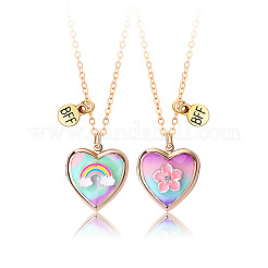 2個 2スタイル 合金エナメル レインボー フラワー ハート フォトロケットペンダント BFF ネックレス  ゴールドカラー  ミックスカラー  17.72インチ（45cm）  1個/スタイル&nbsp;WG3E2EF-01
