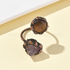 天然アメジストとタイガーアイのリング  赤銅真鍮カフリング  18mm&nbsp;RJEW-B122-04R-04