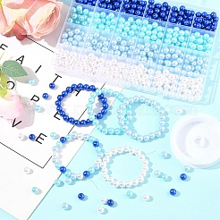 100個 4色スプレー塗装ABSプラスチック模造パールビーズ  ラウンド  透明な弾性クリスタル糸付き  ブルー  8x7.5mm  穴：1.8mm&nbsp;OACR-FS0002-09B