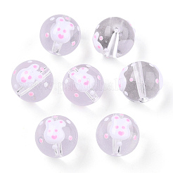 エナメルビーズ入り透明ガラス  うさぎ柄の丸  ホワイト  17x16x15mm  穴：1.8~2mm&nbsp;LAMP-T011-28B