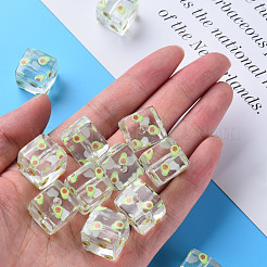 透明印刷アクリルビーズ  フルーツ模様の四角  アボカド模様  16x16x16mm  穴：3mm&nbsp;MACR-S374-08A-05