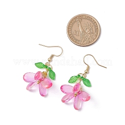 304ステンレススチールガラスダングルイヤリング  花  ゴールドカラー  フクシア  45x24mm&nbsp;EJEW-MZ00433-05