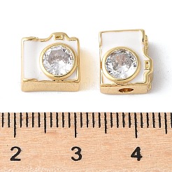 真鍮パヴェクリアキュービックジルコニアビーズ  カメラ  エナメル  長持ちメッキ  18KGP本金メッキ  ホワイト  9x10x6mm  穴：2mm&nbsp;KK-H449-86G-01
