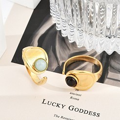 楕円形 304 ステンレススチール オープンカフリング  女性用天然宝石リング  18KGP本金メッキ  イオンプレーティング（ip）  usサイズ7 1/4(17.5mm)&nbsp;RJEW-Z078-09G
