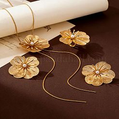 花柄の合金製プラスチックパールスタッドピアス＆ペンダントラリアットネックレス＆リングセット（女性用）  ゴールドカラー  16.54インチ（42cm）&nbsp;WG42618-01