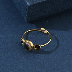 黒の貝殻模様の調節可能な女性用指輪  ラインストーンと304ステンレススチールの金具付き  ゴールドカラー  8.5mm  内径：19mm&nbsp;RJEW-A101-01G-03
