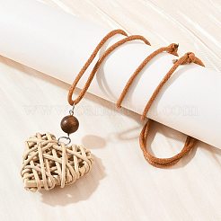 ボヘミアン風の籐編みペンダントロングネックレス  木製ビーズ付き、調節可能なワックスコードネックレス  ビスク  ハート  14.17~28.98インチ（36~73.6cm）&nbsp;WD-CBA76F6-01A