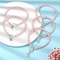 チベットスタイル合金チャームブレスレット  ガラスパールラウンドビーズチェーン付き  混合形状  ピンク  9-5/8インチ（24.5cm）&nbsp;BJEW-JB09784-01