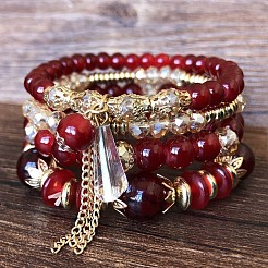 ボヘミアンスタイルのアクリルビーズストレッチブレスレットセット（女性用）4個  合金ビーズで  ファイヤーブリック  7-1/8インチ（18cm）&nbsp;WGF9E90-03