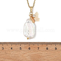 Natural Boraque Keshi Pearl Rectangle and Brass Crystal Rhinestone Butterfly Pendant 304 Stainless Steel Cable Chain Necklaces for Women&nbsp;NJEW-JN06192