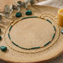 Faceted Round Natural Malachite and Faux Pearl Beaded Double Layer Necklaces with Stainless Steel Cable Chains for Women&nbsp;QA9990-1