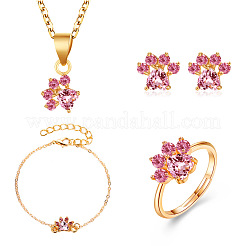Cat Paw Print Alloy Pave Cubic Zirconia Pendant Necklaces & Stud Earring & Ring & Link Bracelets Sets for Women&nbsp;FS-WGC55DF-01