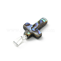 天然アワビシェル/パウアシェルペンダント  真鍮のスナップオンベイル付き宗教十字架チャーム  銀色のメッキ  カラフル  21.5x13.5x4.5mm  穴：6.5x3.5mm&nbsp;PALLOY-JF05394