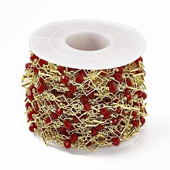 手作り真鍮菱形リンクチェーン  赤いガラスビーズ付き  ハンダ付け  スプールで  18KGP本金メッキ  リンク:ひし形:8x8x0.7mm  ラウンド：12x4.5mm&nbsp;CHC-F015-24G